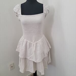 H&M Smocked Linen Cotton Short Mini Dress Sz Medium Minimalist Tiered Gray Beige